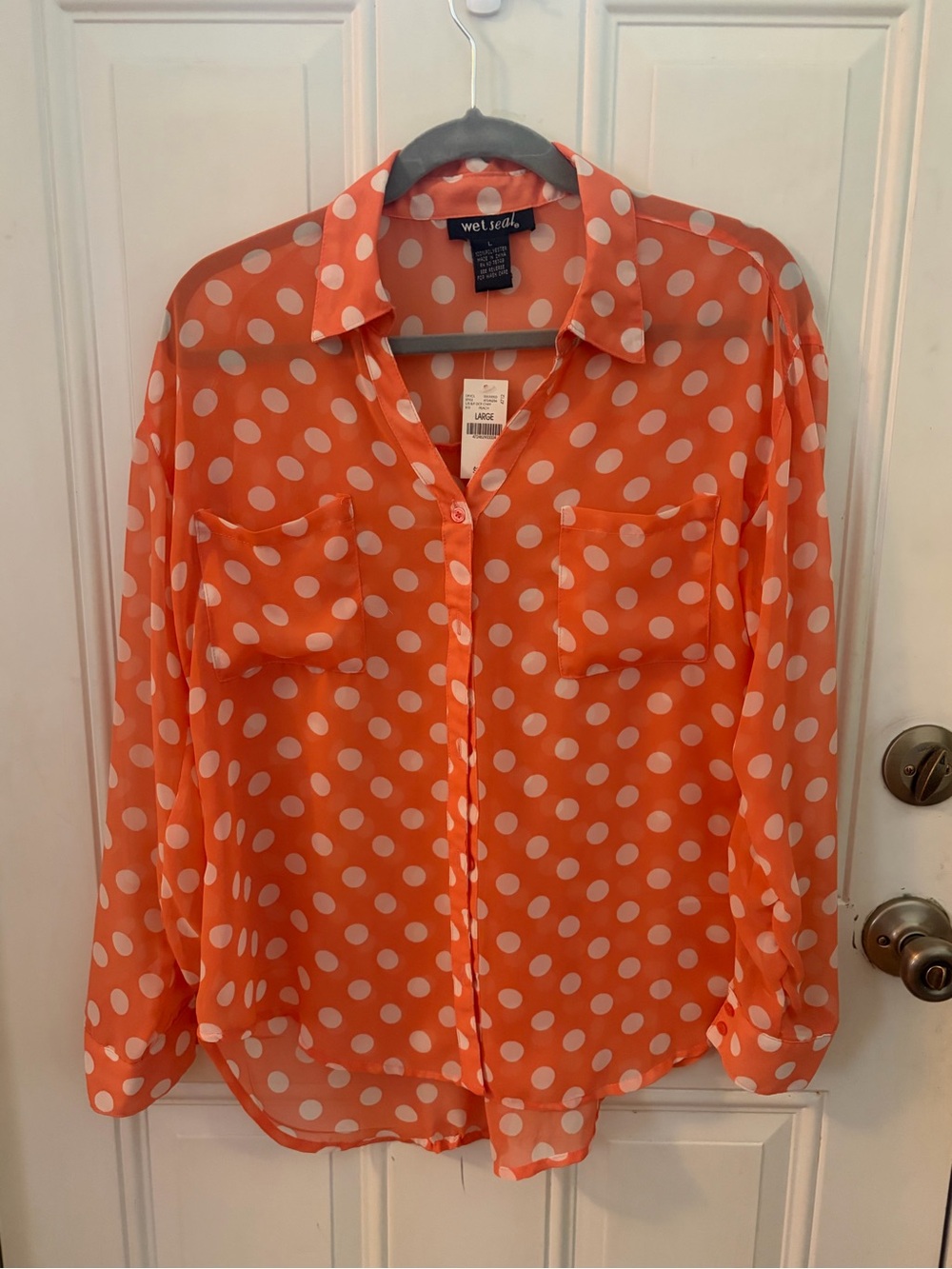 Women’s Wet Seal Orange and White Polka Dot Button-Down Shirt